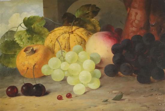 Attributed to Edward Ladell (1821-1886) Still life of grapes, a pomegranite, a peach and a gourd 6.75 x 9.5in.